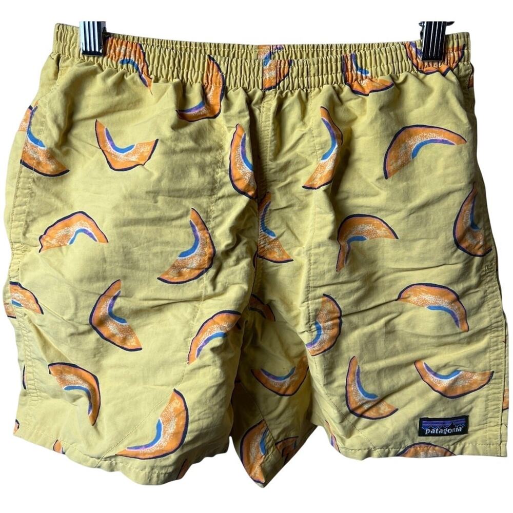 Patagonia Swim Shorts Mens XS Yellow Melon Abstract Print Mesh Lined Trunks Surf